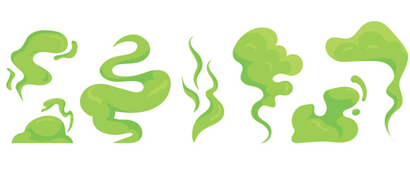Set of green smoke of different shapes and sizes in cartoon style. Vector illustration of green smoke with an unpleasant, stinky smell, isolated on a white background. It stinks from the garbage can.
