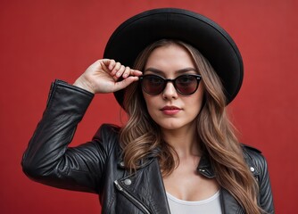 A woman in black jacket and hat adjusts her sunglasses against a red background.
