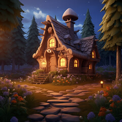 Fototapeta premium Illustration of a cartoon night landscape. Wooden fairy house, old hut with light in the window. Night forest, moonlight. AI generated.