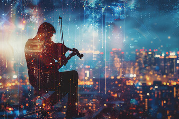 Fototapeta na wymiar A man playing a violin in a cityscape