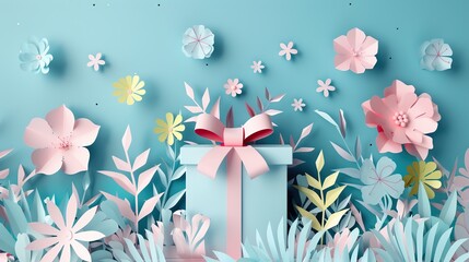 Gift Box Amidst Whimsical Paper Flower Garden - 775348585