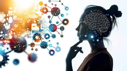 Title: "AI Contemplation"
Art Description: Silhouette profile of a person in deep thought surrounded by digital brain imagery and AI symbols against a white backdrop.

