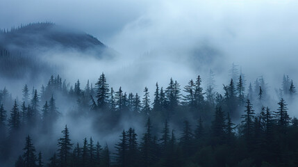 Mist rising from the evergreen forest in Misty Fiords National Monument, Alaska, USA Alaska, United States of America - obrazy, fototapety, plakaty