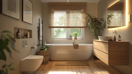 A bathroom with sink, mirror, plants, and wood countertop