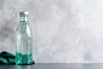 A sleek green glass bottle with a silver cap, placed on a dark surface against a marbled grey wall, evoking a minimalist aesthetic. Elegant Green Glass Bottle on Grey Textured Backdrop
