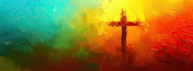The cross of Jesus Christ on a colorful futuristic watercolor background. vector illustration