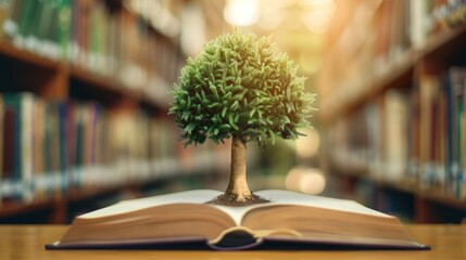 Enchanting education: tree of knowledge sprouting from open book against library backdrop - back to...