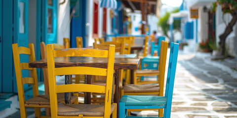 Chairs with tables in a typical Greek tavern in Little Venice part of Mykonos town, Mykonos island, Greece - obrazy, fototapety, plakaty