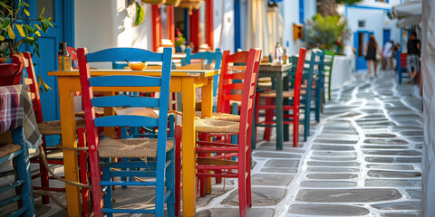 Fototapeta na wymiar Chairs with tables in a typical Greek tavern in Little Venice part of Mykonos town, Mykonos island, Greece