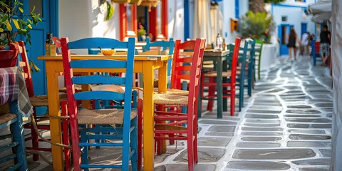 Fotobehang Chairs with tables in a typical Greek tavern in Little Venice part of Mykonos town, Mykonos island, Greece © Oleksandr
