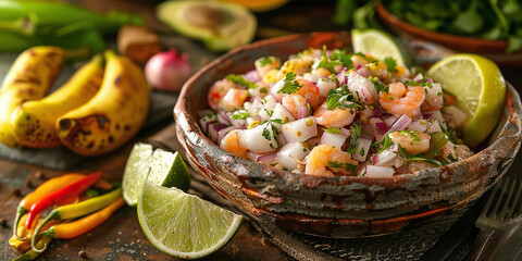 Ceviche peruvian recipe with fried banana and ingredients - obrazy, fototapety, plakaty
