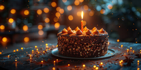 Celebración primer año, meta, logro o cumpleaños, hito importante, tarta estilo marquesa de chocolate decorada con frutos secos y suspiros de merengue de café, luces tenues e la mesa y fondo - obrazy, fototapety, plakaty