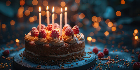 Colorida tarta tercer cumpleaños, globos decorativos en rosa y azul, 3 velas encendidas, crema, chispas o perlas de azúcar, luces difuminadas al fondo espacio para copy - obrazy, fototapety, plakaty