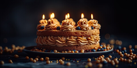 Receta tarta de café cremoso con galletas al estilo Tiramisú,  celebración de aniversario, frutillas del bosque, velas encendidas, fondo oscuro, bolitas dulces de caramelo, tofe, arándanos, al centro