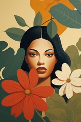 Bold Floral Woman Illustration with Earthy Tones - 775349381