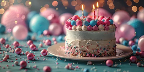 Fotobehang Colorida tarta tercer cumpleaños, globos decorativos en rosa y azul, 3 velas encendidas, crema, chispas o perlas de azúcar, luces difuminadas al fondo espacio para copy © AmayaGB