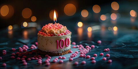 Tarta 100 aniversario, elementos decorativos en rosa, una vela encendida, crema, número 100 en rosa, luces difuminadas al fondo espacio para copy - obrazy, fototapety, plakaty