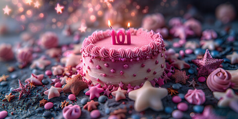 Celebración de 101 años, mas que un centenar, tarta rosa en crema con decoraciones varias, desde perlas, estrellas, rosas, luces, velas, fondo azulado  - obrazy, fototapety, plakaty