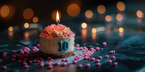 Fotobehang Pequeña tarta décimo cumpleaños, elementos decorativos en rosa, una vela encendida, crema, número 10 en azul, luces difuminadas al fondo espacio para copy © AmayaGB
