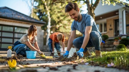 Family engaged in spring cleaning together outdoors, refreshing their driveway space with care and unity, household chores concept