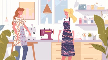 Collaborative fashion design session: caucasian designer crafting with blonde model, sewing machine in background