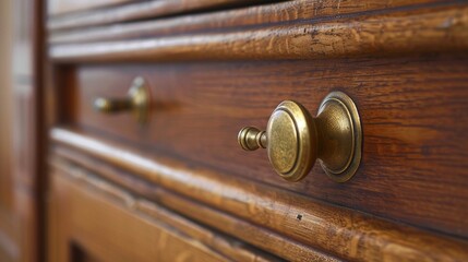 Close-Up Detail of Old Wooden Cabinet with Brass Handle