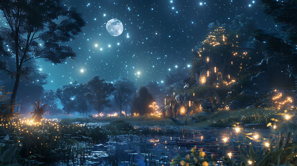 Elves dancing under the stars in a moonlit clearing