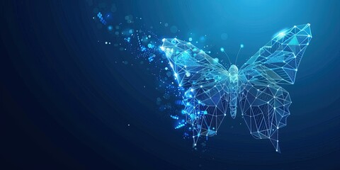 Future polygonal butterfly on a blue background. A glowing insect in a crisis or investment situation.