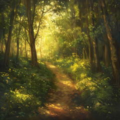 Obraz premium Sunlit Path Winding Through a Lush Green Forest
