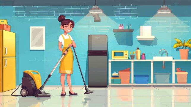 Female janitor diligently cleaning room with vacuum cleaner in atmospheric lighting, professional cleaning concept, commercial cleaning service, hygiene maintenance, industrial cleaning equipment
