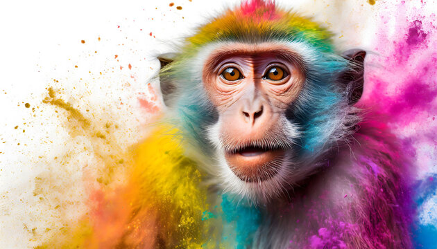 Dynamic Burst: Colorful Rainbow Holi Paint Powder Explosion with Monkey in the Foreground