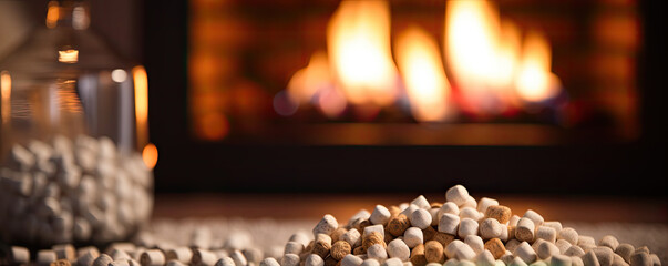 Compressed wood pellets infront of fireplace. Firewood copy space for your text.