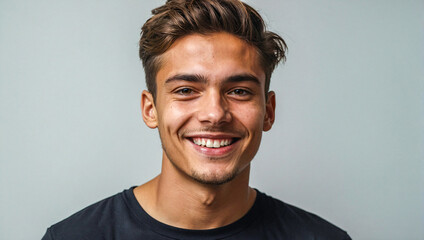 young man wearing a black t-shirt is smiling while looking at the camera on a clean white background