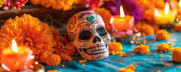 decorated skull amidst Day of the Dead altar with candles and marigold flowers, embodying the vibrant Mexican tradition
