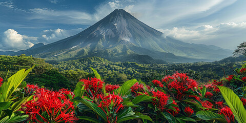 Arenal Volcano in Costa Rica with red flowers - obrazy, fototapety, plakaty