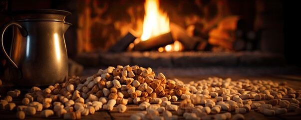 Compressed wood pellets infront of fireplace. Firewood copy space for your text. - obrazy, fototapety, plakaty