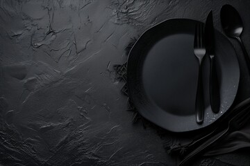 an empty black plate with cutlery on dark stone background, empty space for text