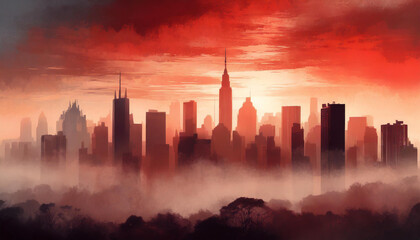 Illustration of cityscape skyline with foggy sunrise. Modern buildings. Abstract art. Red tones.