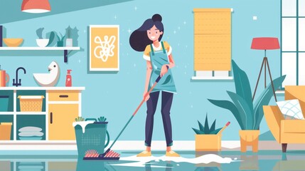 Cheerful woman enjoying domestic chores: cleaning home with mop and beaming with joy