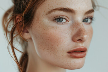 Close-Up Portrait of a Young Woman with Freckles and Blue Eyes