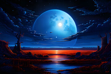 푸른달과 달이 비치는 호수_생성형AI