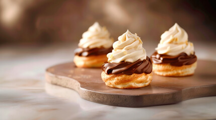 Fototapeta na wymiar Profiterole or eclairs topped with chocolate, layers of choux pastry, filled with cream and topped with chocolate
