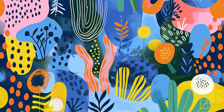 Abstract exotic handmade print. Contemporary collage with different shapes and textures of plants and flowers. Groovy drawing in cartoon style