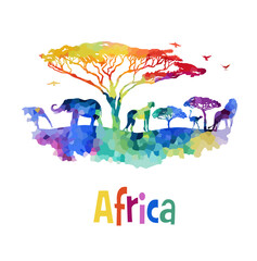 Obraz premium Welcome to Africa poster. Africa abstract animals colored silhouette. hand drawing. Not AI, Vector illustration