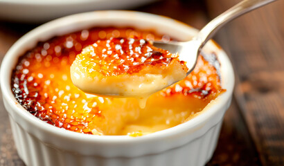 A classic Creme brulee, served in a ramekin, with a spoon breaking through the caramelized surface of the dessert. - obrazy, fototapety, plakaty