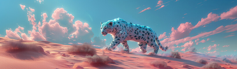 A panther in a desert, landscape  in the style of futuristic surrealism - obrazy, fototapety, plakaty