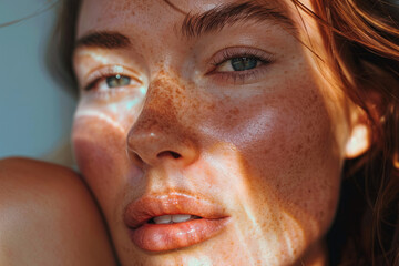 Close-Up Portrait of Woman with Freckles and Sunlight on Face