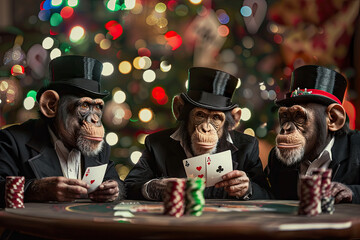 Three Chimpanzees in Suits and Top Hats Playing Poker with Christmas Tree in Background