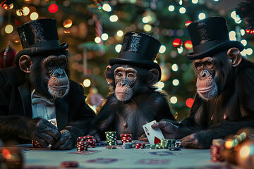 Three Chimpanzees in Suits and Top Hats Playing Poker with Christmas Tree in Background