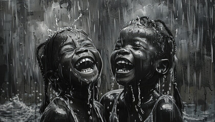 Two Children Laughing and Playing in the Rain